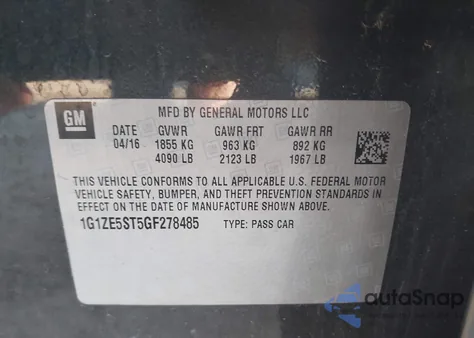 2016 Chevrolet Malibu 1Lt from USA, damaged, VIN 1G1ZE5ST5GF278485